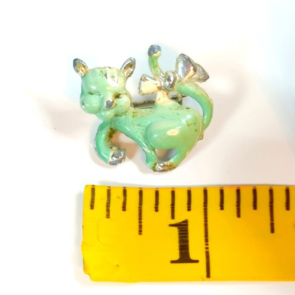 Vintage Green Enamel Cat Silver Tone Brooch Pin 1 Inch Tall - Picture 6 of 6